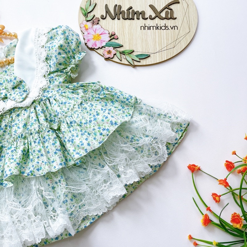 Váy Lolita Xanh Bạc Hà Phối Ren Tầng Siêu Xinh Cho Bé 4kg-28kg [A058]