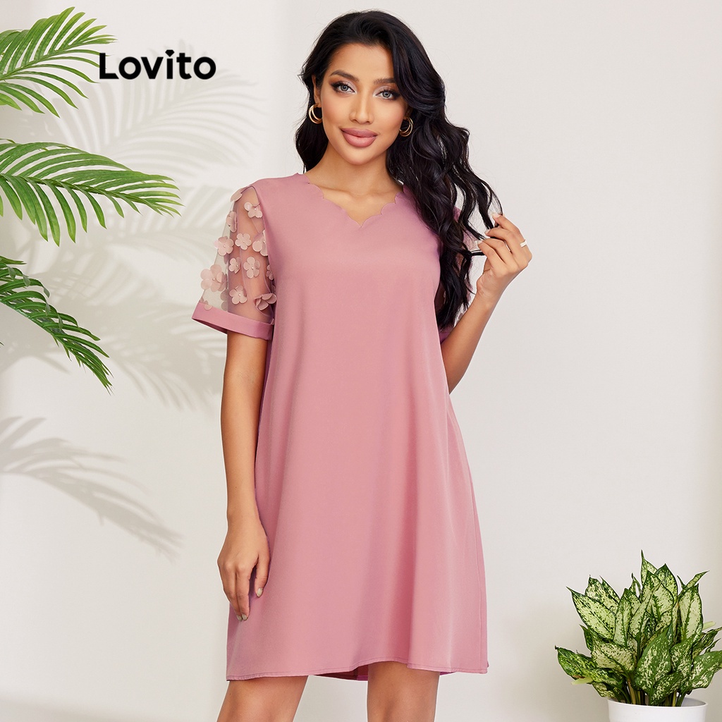 Đầm Lovito màu trơn lưới đính phụ kiện viền vỏ sò phong cách lãng mạn L27LD152 (màu hồng)