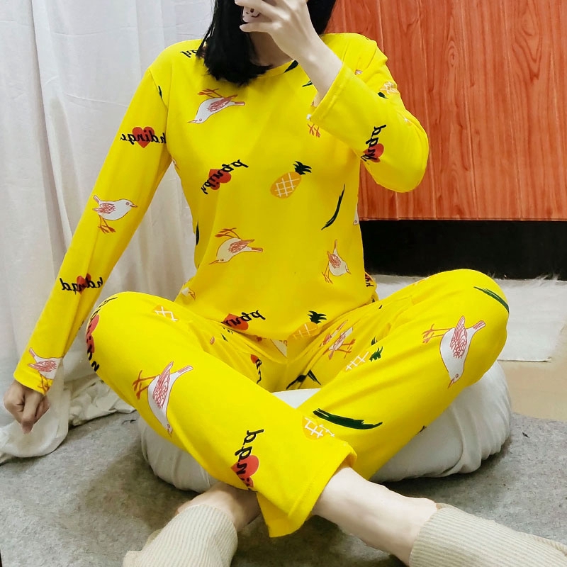 xiaohan korea Spring and Autumn loose nightwear round neck long sleeve sleepwear set cute print women baju tidur | BigBuy360 - bigbuy360.vn