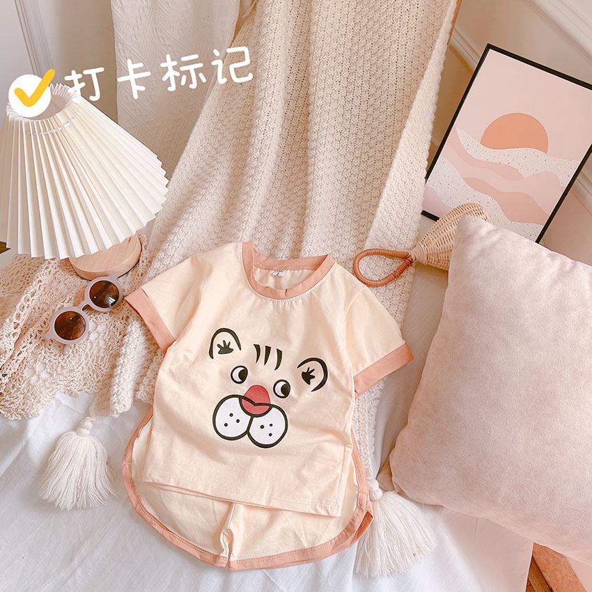 Bộ Quần Áo Trẻ Em Cộc Tay In Hình Mặt TigEr Yêu Vải Cotton Cho Bé Từ 7-19kg Mã CT56