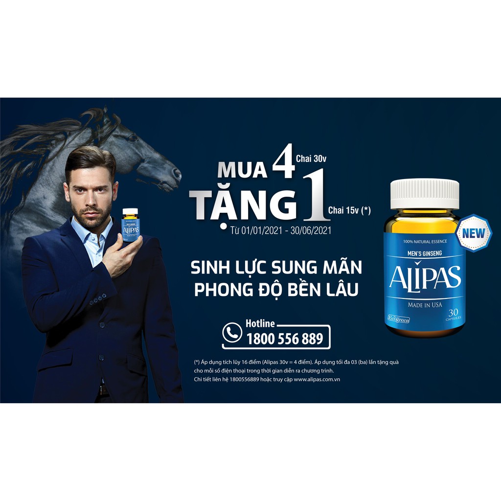 MEN GINSENG ALIPAS [Hộp 30 viên] - Mua 4 chai 30 viên tích điểm Tặng 1 chai 15 viên [alipas platinum]