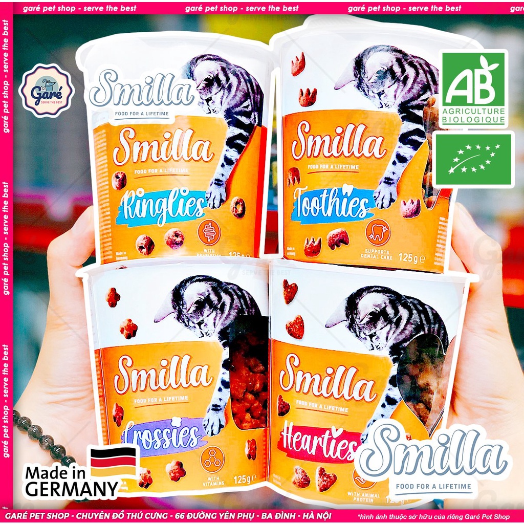 Hộp 125gr - Snack bánh thưởng dạng cốc Smilla cho Mèo đủ dòng Ringlies, Crossies, Hearties, Toothies thơm ngon sạch răng