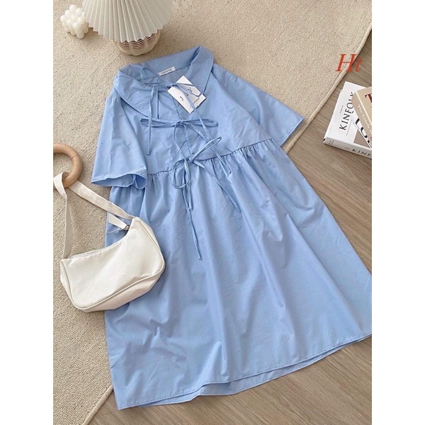 Váy baby doll xanh 3 hàng nơ H2V566