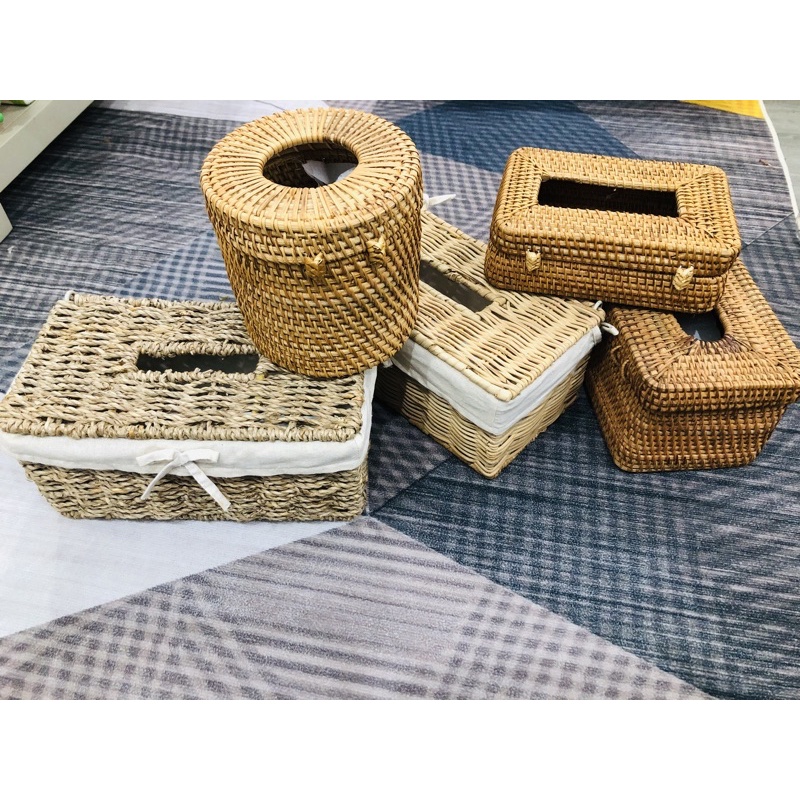 Hộp Khăn Giấy Bằng Mây, cói, giấy các loại giấy vuông, tròn, HCN, làm theo yêu cầu..