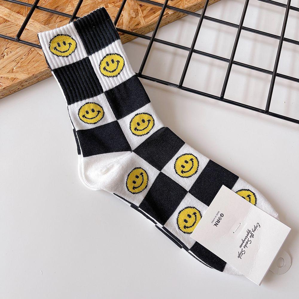 Vớ Cotton Họa Tiết Caro Mặt Cười Phong Cách Harajuku Đường Phố Thời Trang Cho Nữ