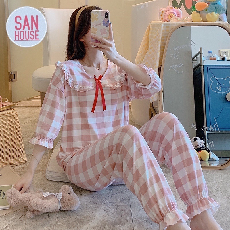 Pyjama nữ dài, cổ sen, bo chun tay lửng, đồ ngủ tiểu thư hàng nhập Quảng Châu, bộ ngủ nữ