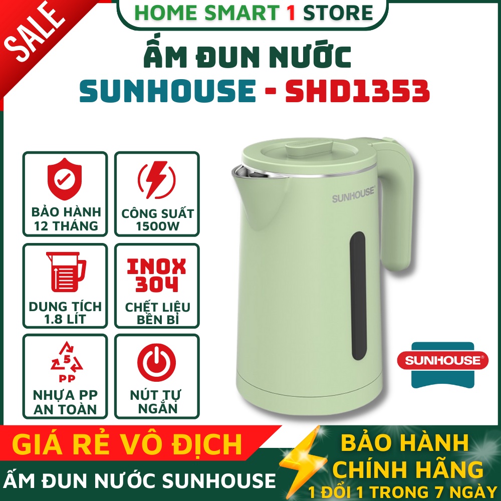 Ấm đun nước siêu tốc 1.8L Sunhouse SHD1353 - Bình đun nước tự động , tự ngắt , an toàn với sức khoẻ