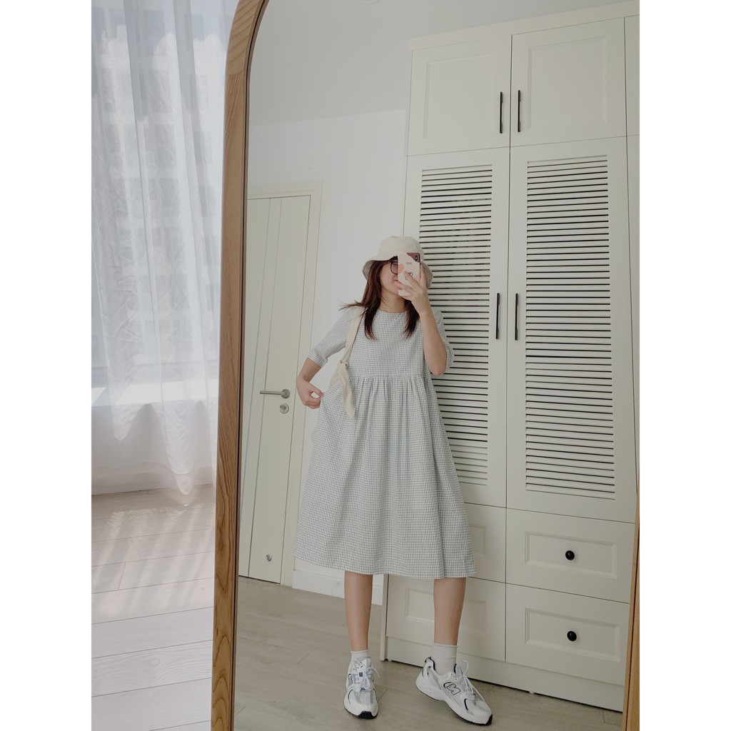 váy kẻ baby doll lưng 3 nơ TKV55 1994closet