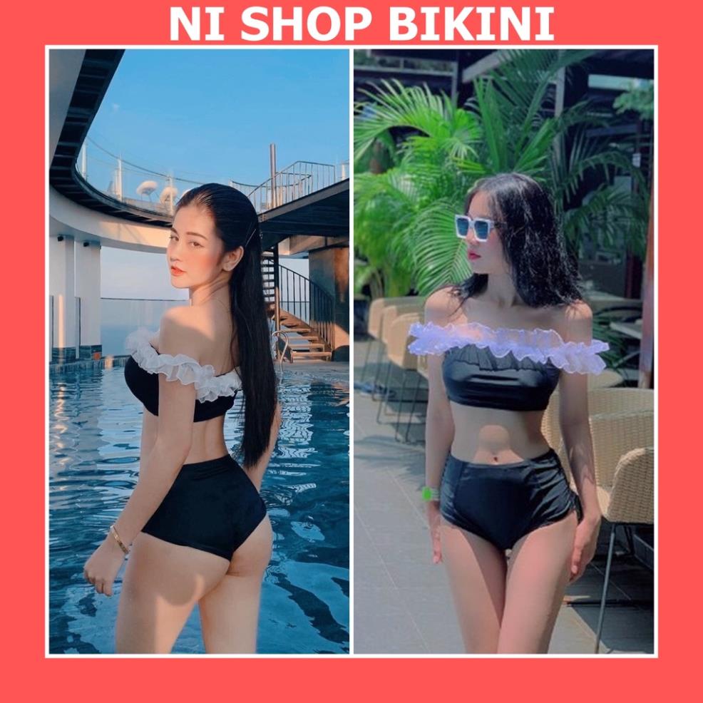 Bikini đi biển du lich áo trễ vai bèo rúm trắng quần cạp cao xinh xắn R12 *