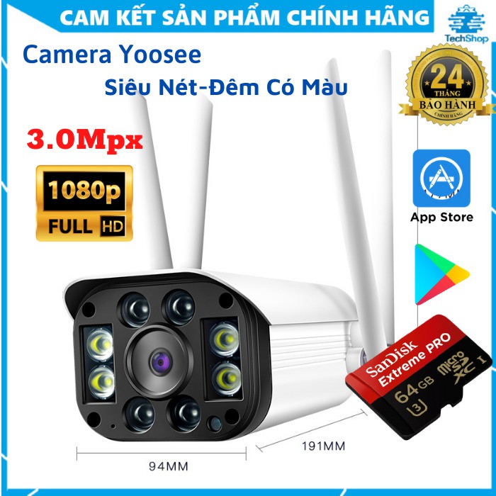 Camera Wifi -  Camera yoosee ngoài trời wifi 4 râu 3.0 kèm thẻ 128gb - chống nước xem đêm có màu [Bảo Hành 2 Năm]