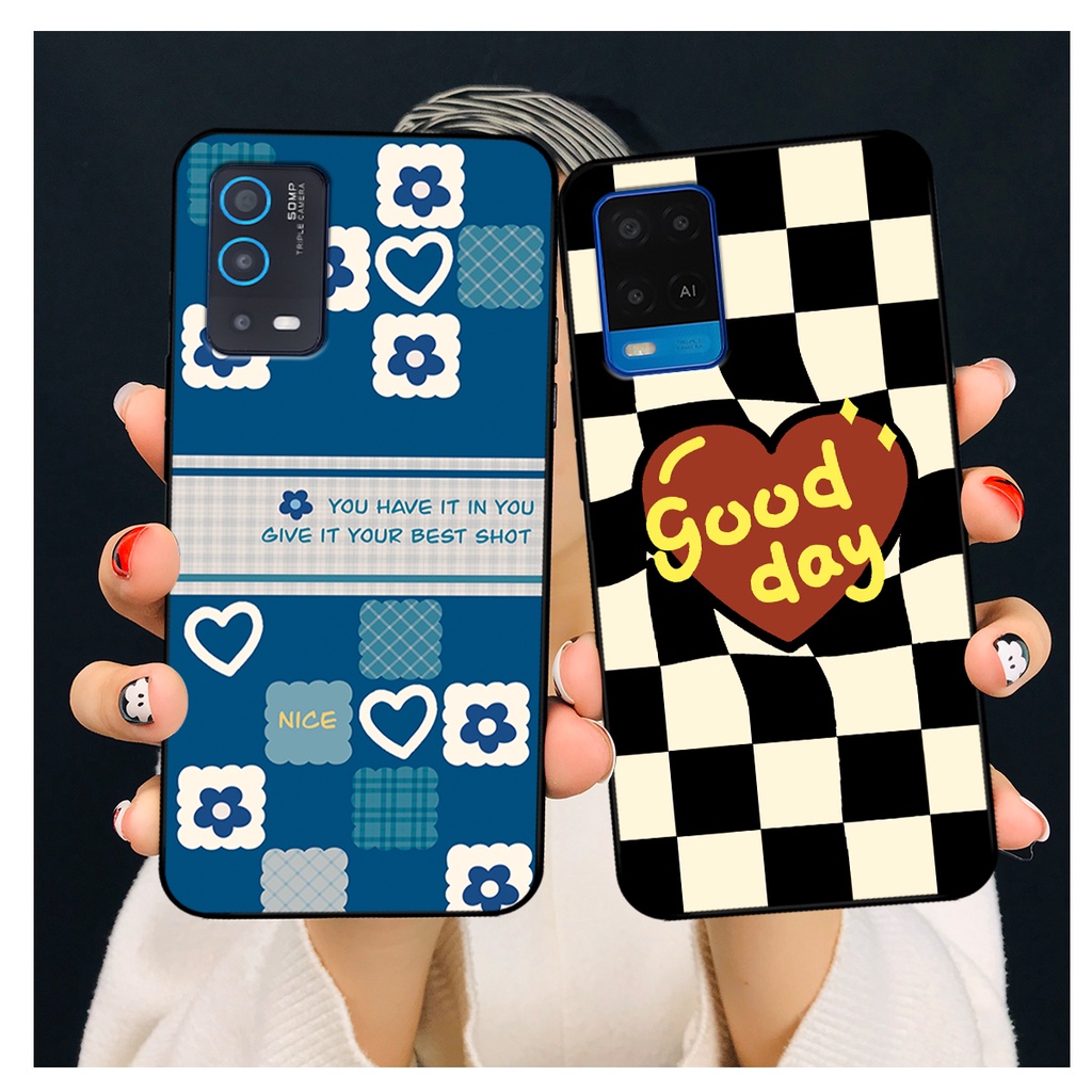 Ốp lưng Oppo A54 - Oppo A55 in hoạ tiết caro trái tim đen trắng, gấu bear cute đáng yêu