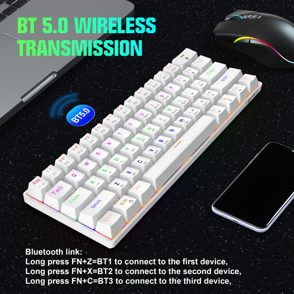 Bàn phím cơ không dây bluetooth pin sạc phím blue switch cho máy tính pc laptop, điện thoại, máy tính bảng windows, ios