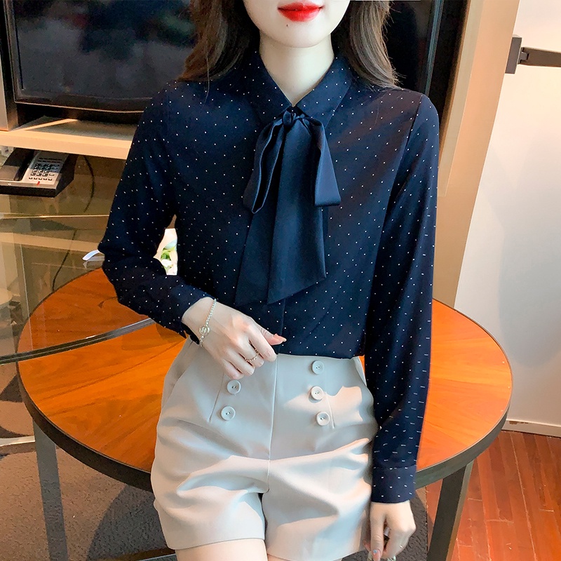 Áo Sơ Mi Chiffon Tay Dài Thắt Nơ Họa Tiết Chấm Bi Thời Trang Dành Cho Nữ