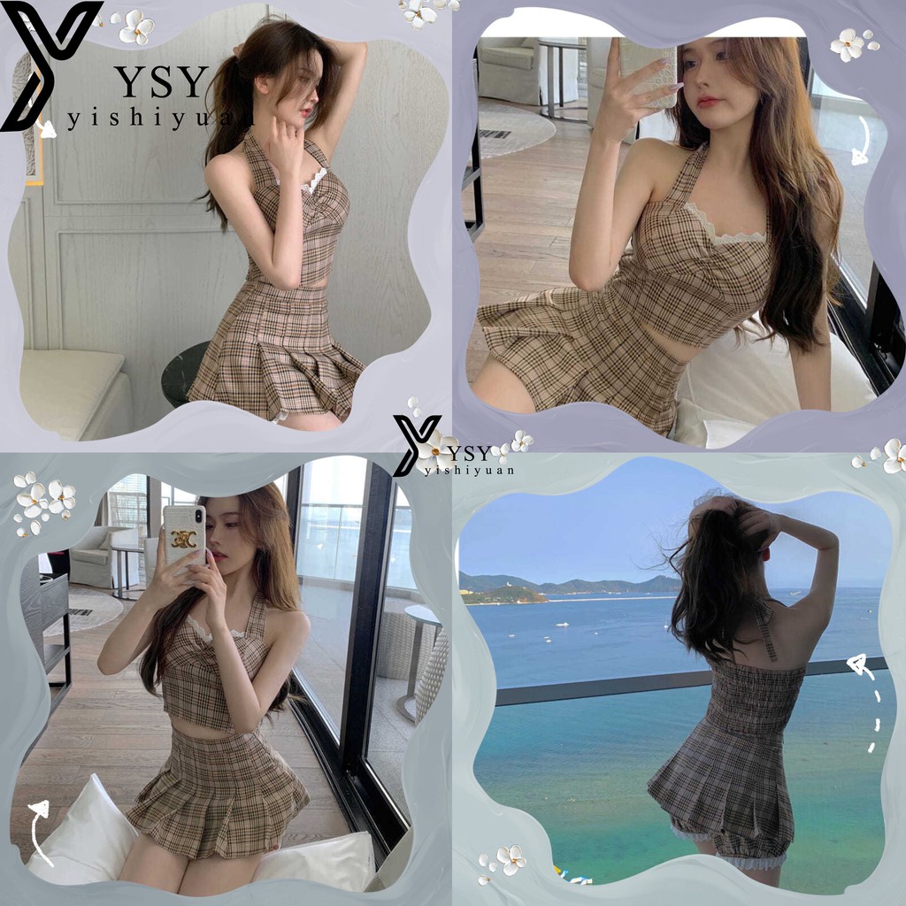 💓Set Đồ Caro Áo Croptop Dáng Yếm Chân Váy Tennis Xoè💓