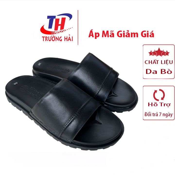 Dép nam một bản quai ngang Trường Hải da bò thật màu đen cao 3cm DN150