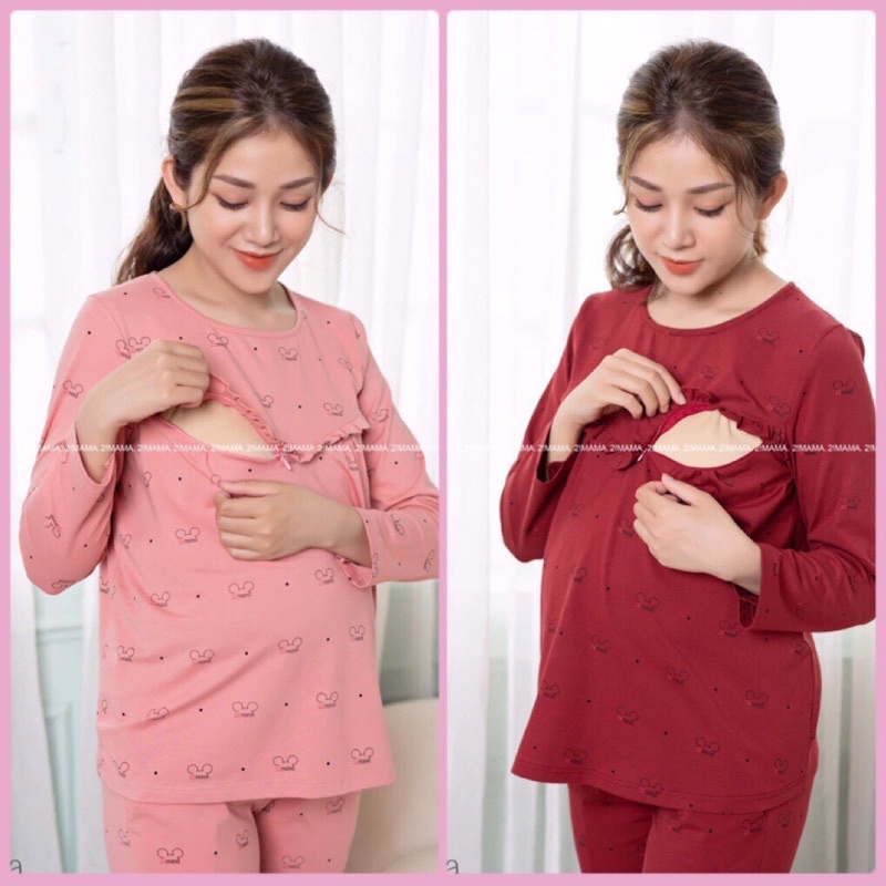 Bộ đồ bà bầu và sau sinh dài tay thu đông Cotton có kéo khoá cho con bú đẹp giá rẻ BD018