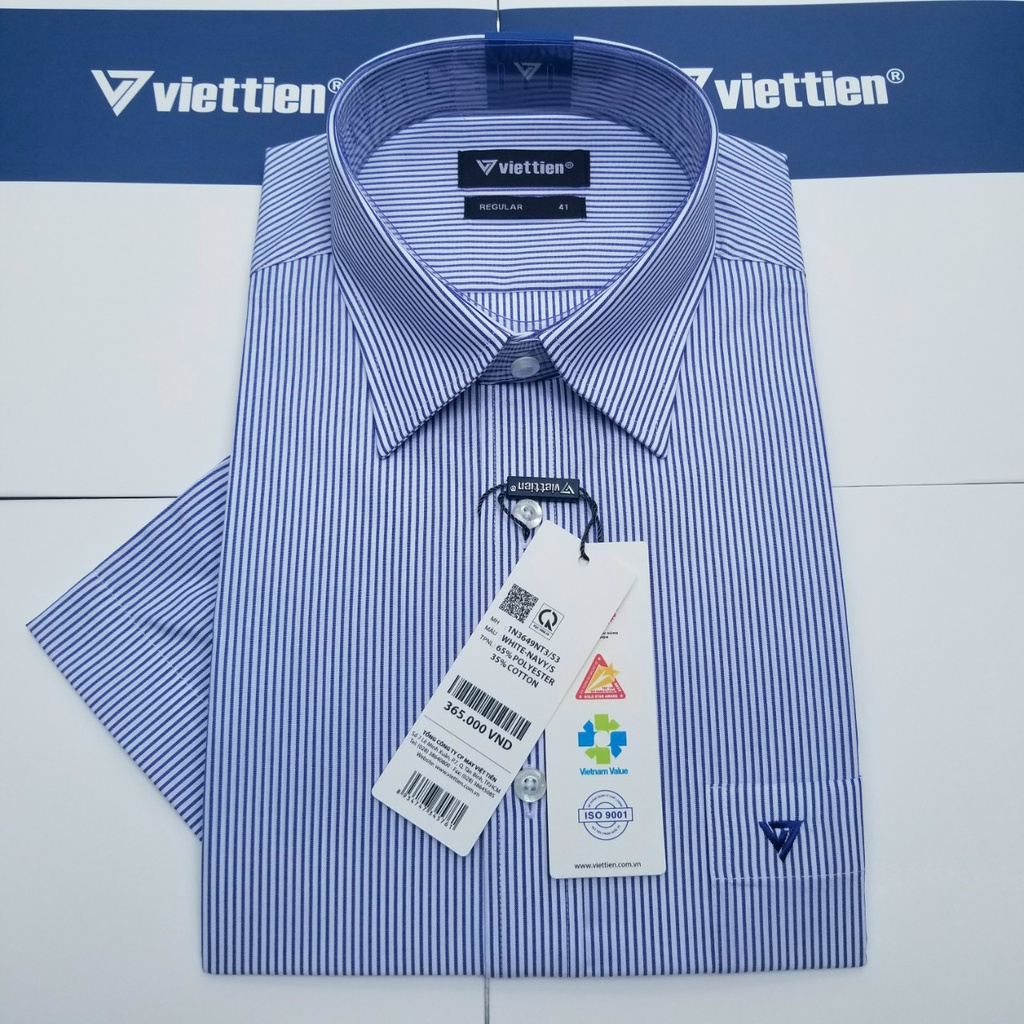 Aó sơ mi nam Việt Tiến ngắn tay mã 1N3649NT3  chính hãng ,cao cấp - form suông REGULAR - tà bầu .Kẻ sọc nhỏ