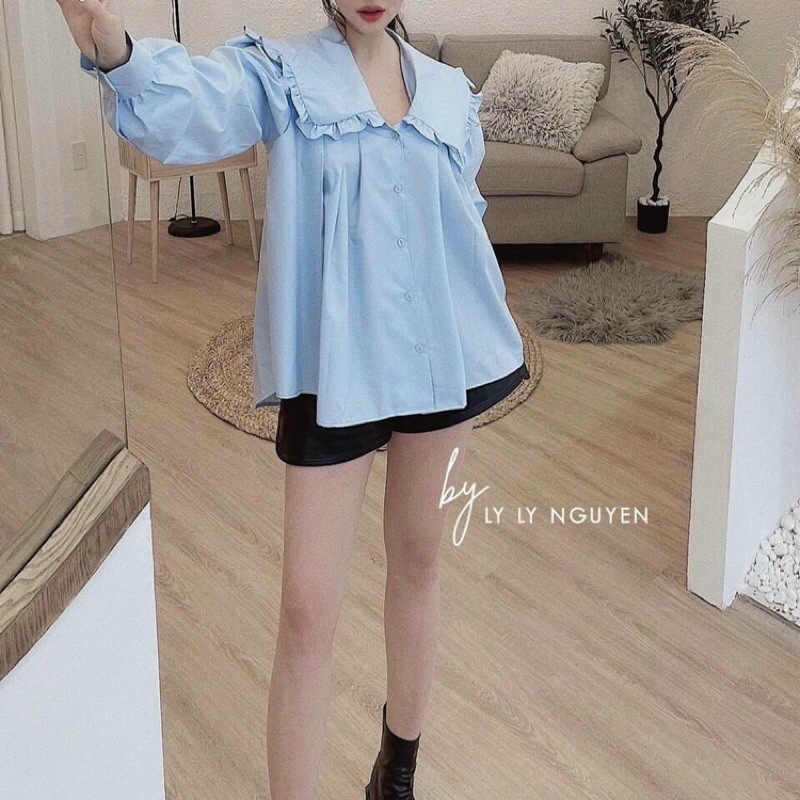 Áo sơmi babydoll cổ sen bèo tay phồng trắng xanh