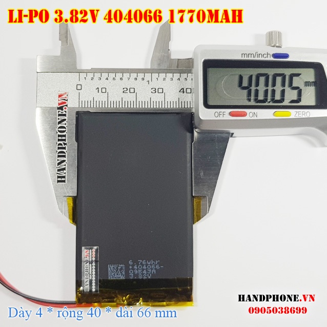 Pin Li-Po 3.82V 1770mAh 404066 (Lithium Polymer) cho điện thoại, loa Bluetooth, định vị GPS, camera hành trình