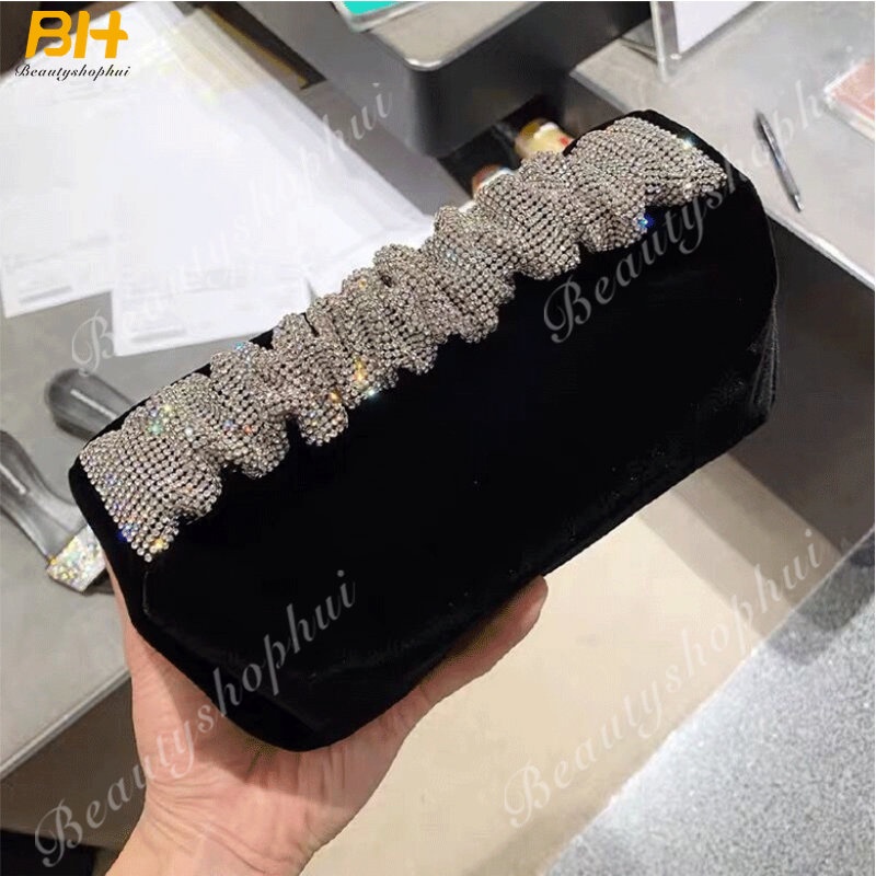 Túi Nhung Đen Xách Tay Đính Kim Cương Giả Thời Trang 2022 Cho Nữ