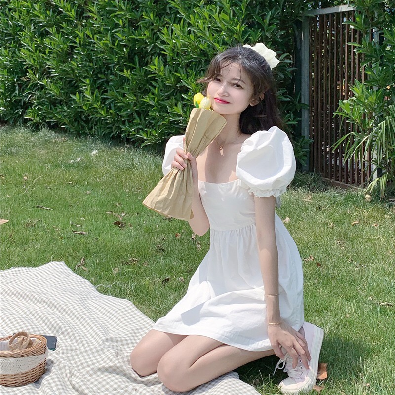 Váy nữ đầm nữ váy tiểu thư đầm tiểu thư thắt nơ lưng tay phồng chiết eo dáng xòe V01T | BigBuy360 - bigbuy360.vn