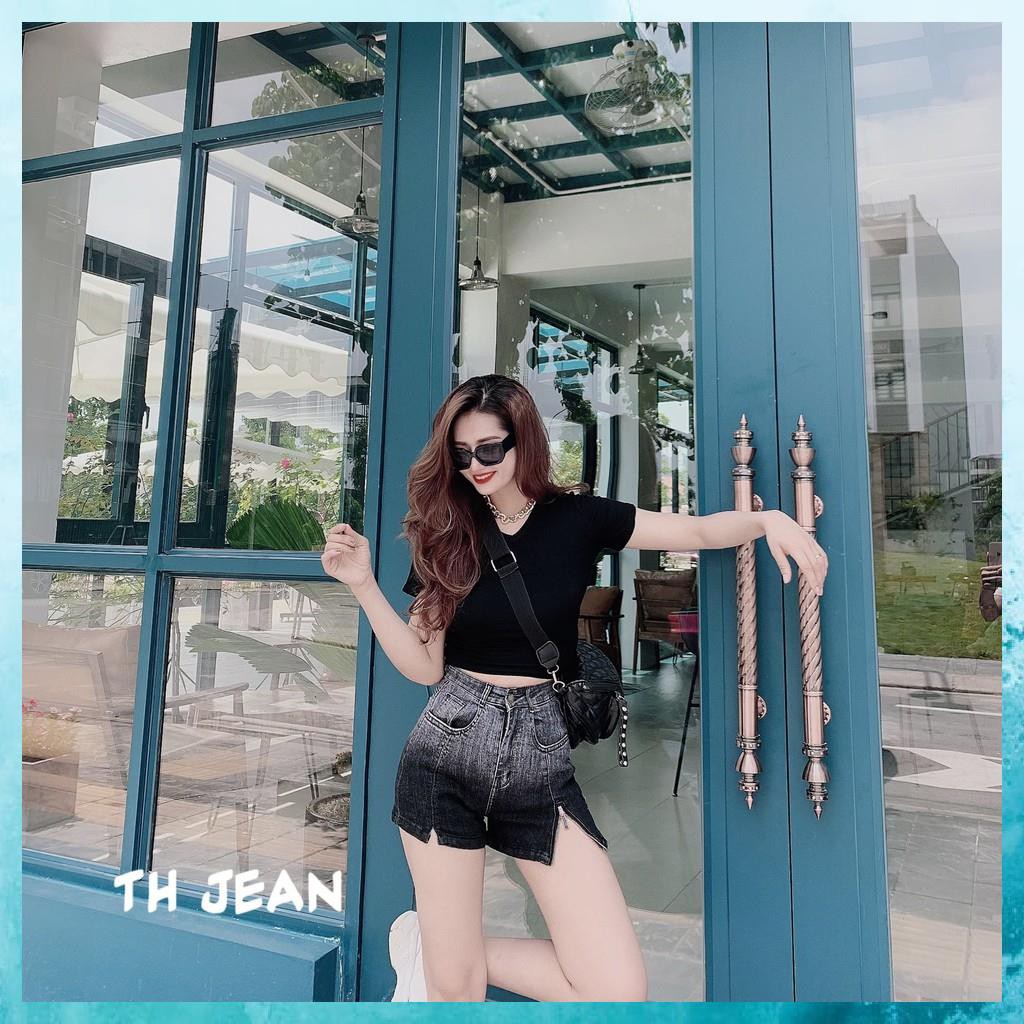 [TH Jeans] Quần sooc bò trơn, quần shorts jeans lưng cao túi chéo khóa gấu lệch. Mã S0105 | BigBuy360 - bigbuy360.vn