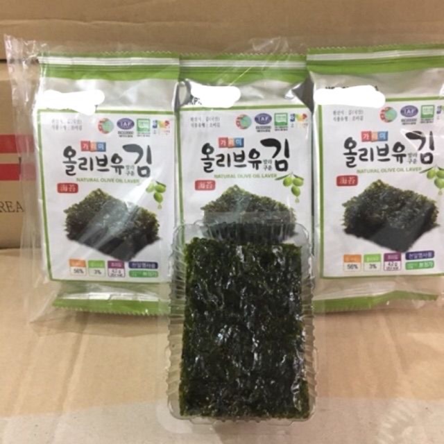 1 Lốc 3 gói Rong Biển Hàn Quốc Vị Olive- Rong Biển Nướng Ăn Liền