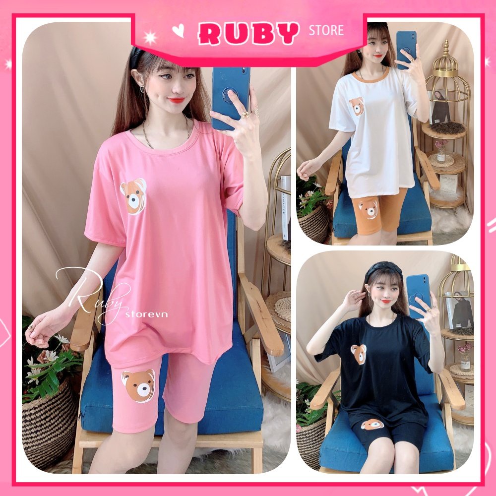 Đồ bộ thun lửng phom to cho nữ mặc nhà chất thun mềm mát in hình gấu hoạt hình dễ thương TP88