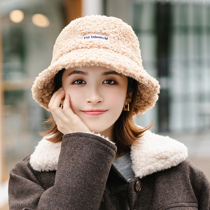 Mũ bucket nỉ lông cừu phong cách hàn cho nữ