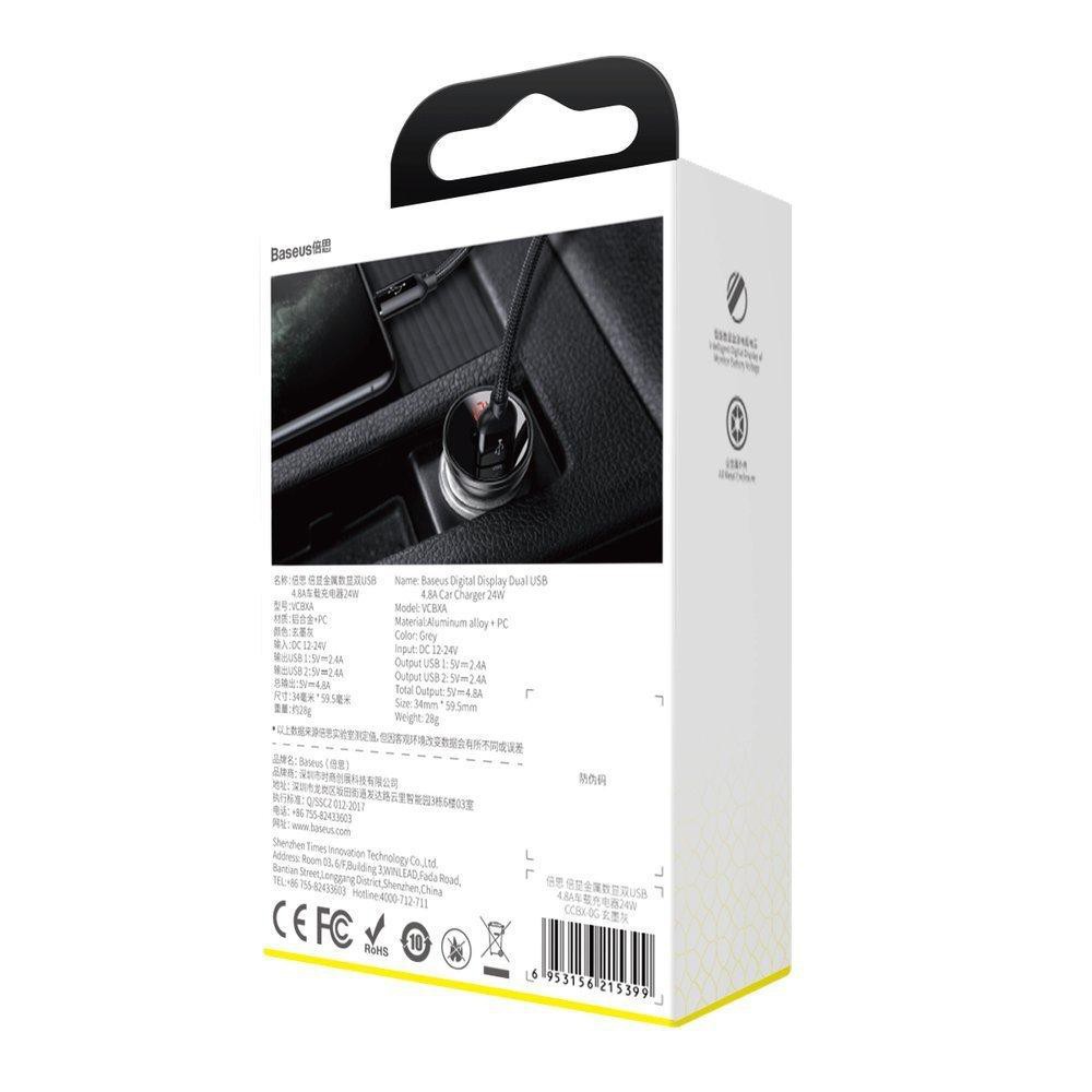 CHÍNH HÃNGSạc xe hơi Baseus Digital Display Dual USB 4.8A Car Charger 24W CCBX-0G/0S BẢO HÀNH ĐỔI MỚI