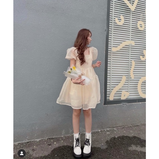 Váy babydoll voan tơ tay bồng Hàn Quốc - Đầm Babydoll voan tơ bồng bềnh 2 lớp siêu xinh