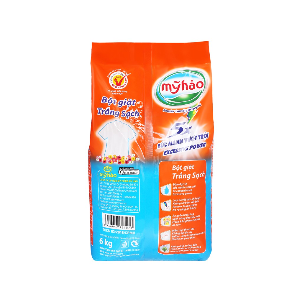 Bột giặt Mỹ Hảo 5X trắng sạch 6kg