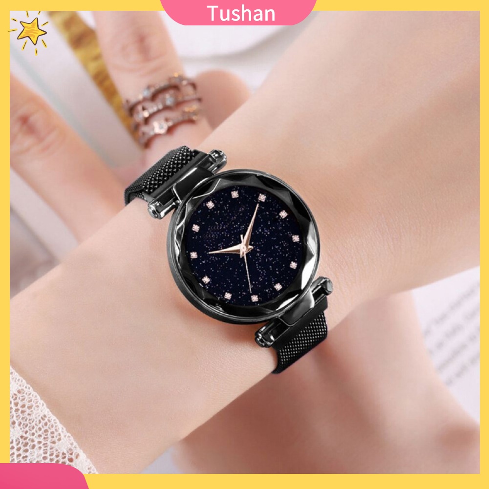 Đồng hồ thạch anh analog đeo tay dây từ họa tiết sao/kim cương cho nữ