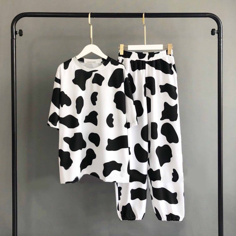 SQ014 Áo thun tay lỡ bò sữa nam nữ form to Áo phông unisex đen trắng dáng to hè thu cute