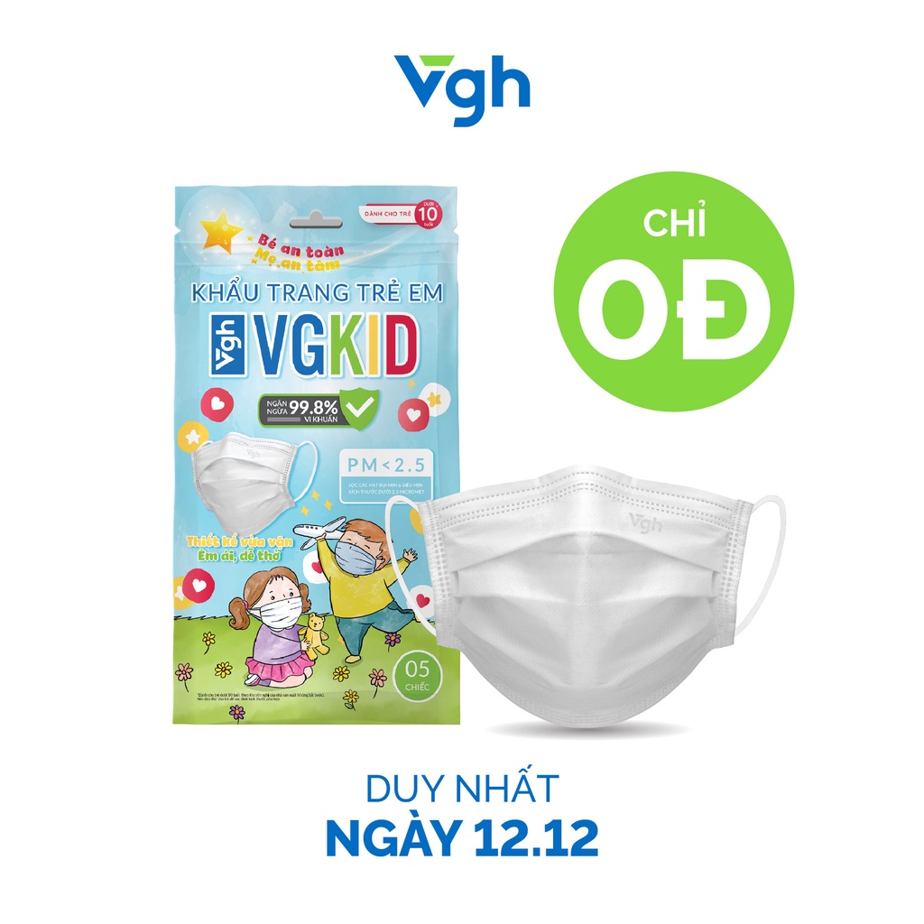 Khẩu trang VG KID túi zip cho bé kháng khuẩn, chống bụi mịn 99,98%, vừa vặn-Chính hãng VG Healthcare-Túi  5 chiếc