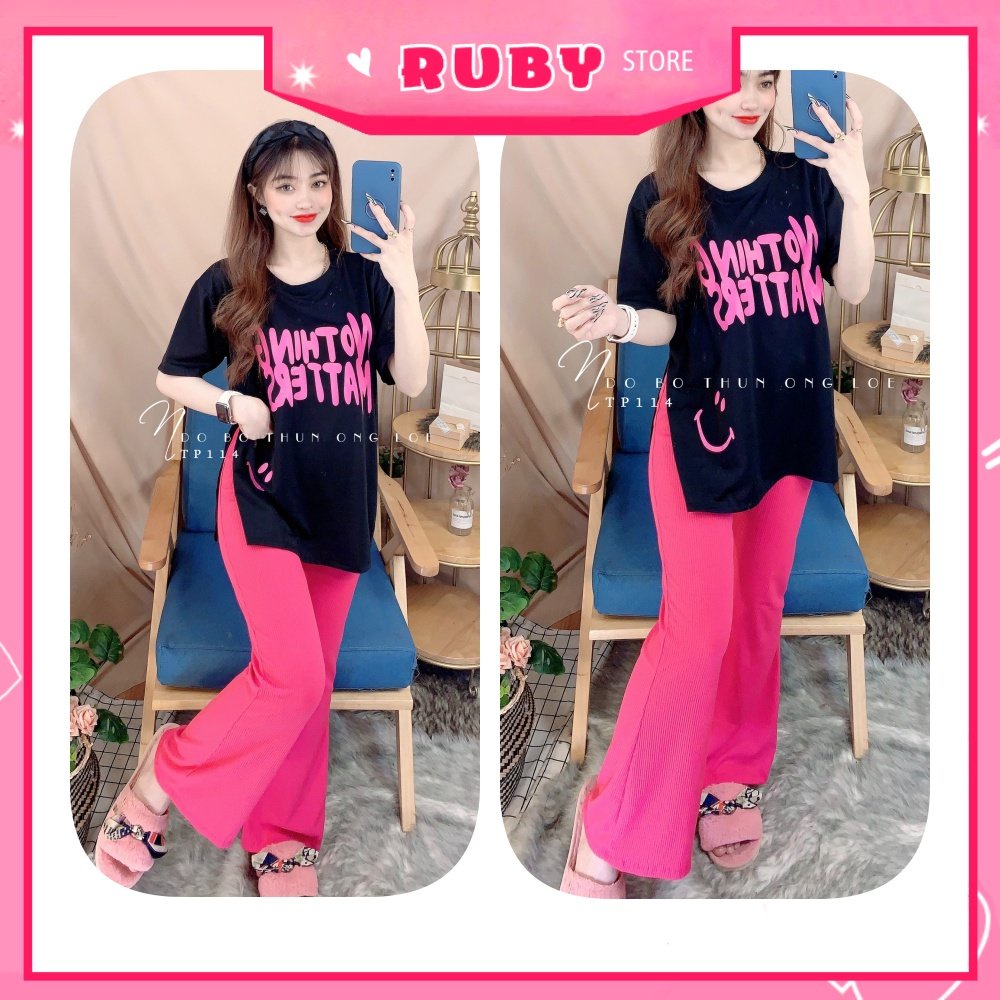 Đồ bộ thun dài ống loe trơn sọc hot chất thun mềm mát in hình vịt chuột gấu hoạt hình dễ thương TP114
