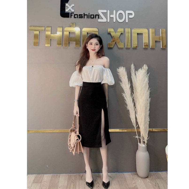 Set bộ đồ nữ áo tay phồng trễ vai kèm chân váy xẻ tà xinh xắn