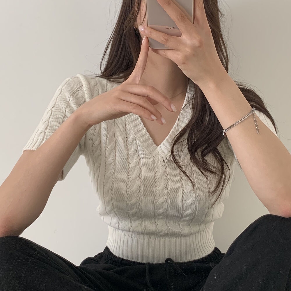 Áo croptop XIAOZHAINV dệt kim ngắn tay cổ chữ V phong cách Hàn Quốc 4 màu lựa chọn thời trang cho nữ