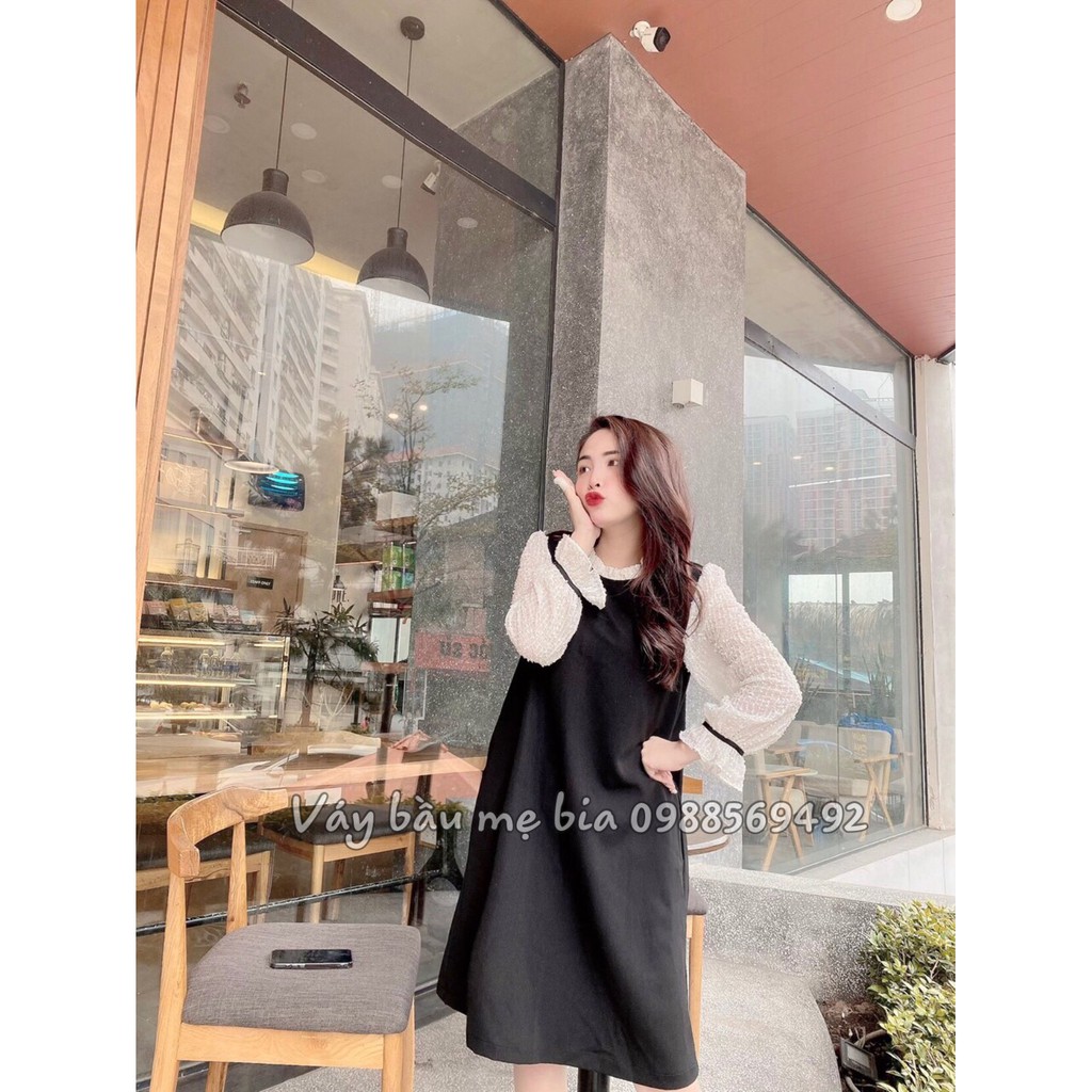 Váy bầu bigsize -Đầm bầu thiết kế GuMe màu đen phối tay trắng, cổ trắng bèo nhẹ nhàng size 40-100kg  MB251 - ảnh thật