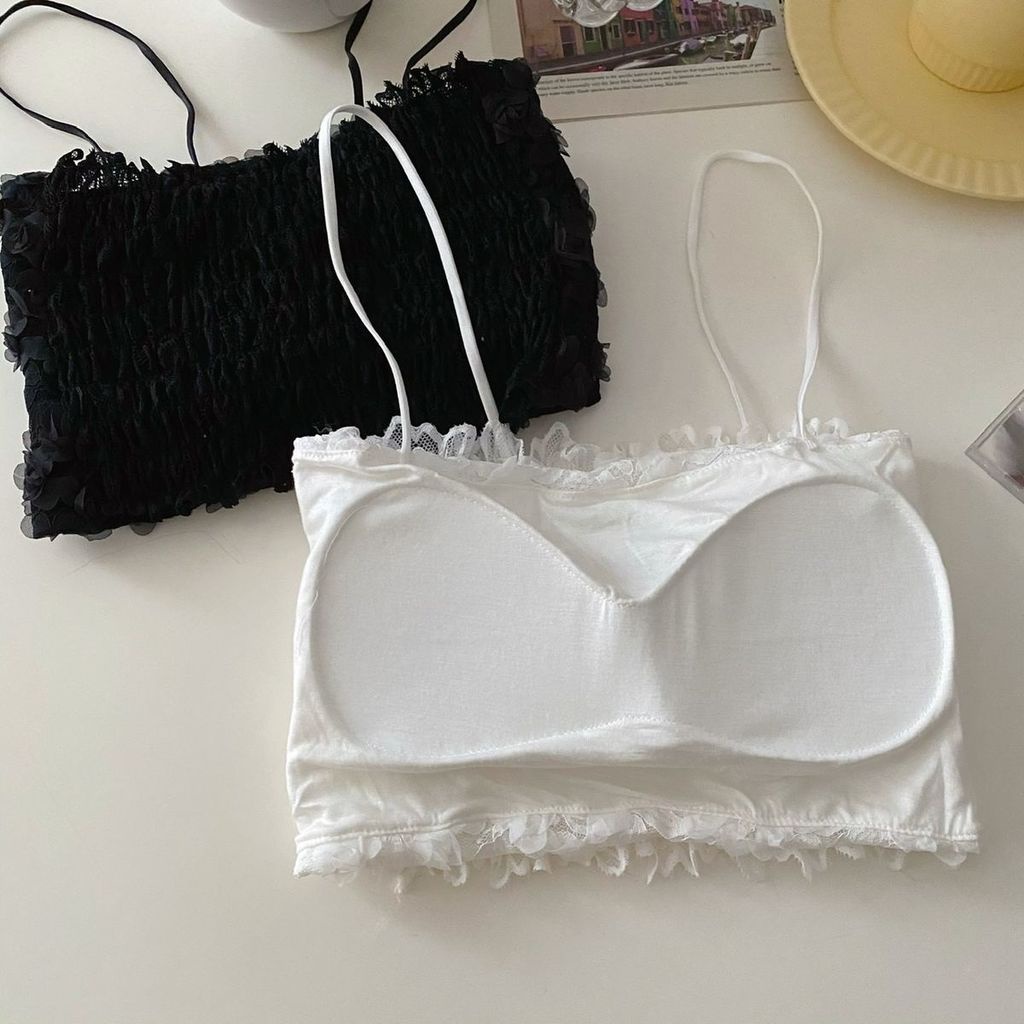 Áo Lửng Hai Dây Phối Ren Màu Trơn Đen Trắng Gợi Cảm Thời Trang Mùa Hè Cho Nữ