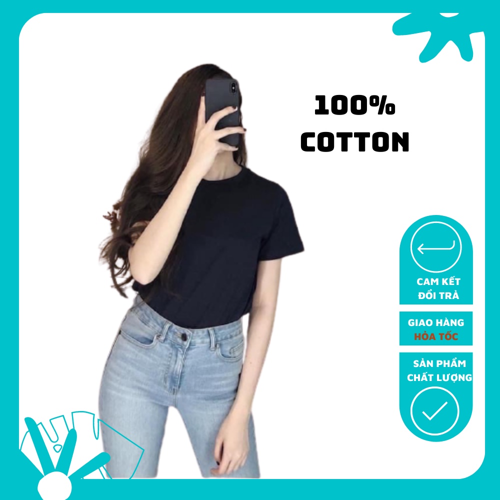 Áo Thun Trơn Nữ Cổ Tròn Tay Ngắn Chất Cotton 100% Màu Đen Size S M L