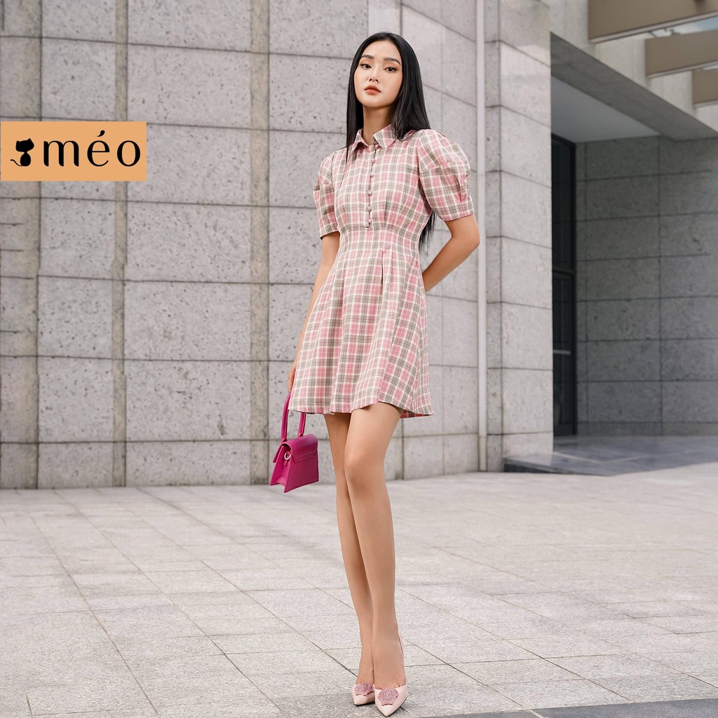 Váy liền nữ Méo shop kiểu Hàn ngắn tay bồng hoạ tiết kẻ công sở dáng xòe Sudary