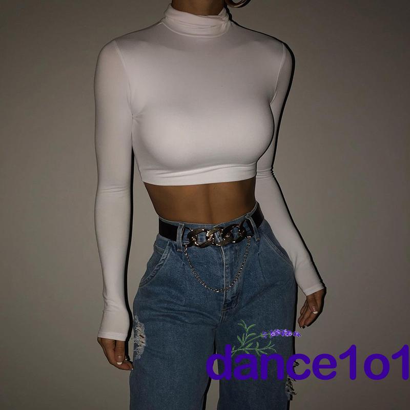 Áo Croptop Tay Dài Cổ Lọ Màu Trơn Thanh Lịch