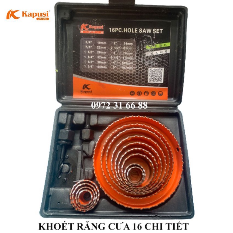 Khoét Răng Cưa - Bộ Mũi Cưa Khoét Lỗ 16 Chi Tiết Kapusi Japan, Hàng Chính Hãng, Làm bằng thép cacbon cao