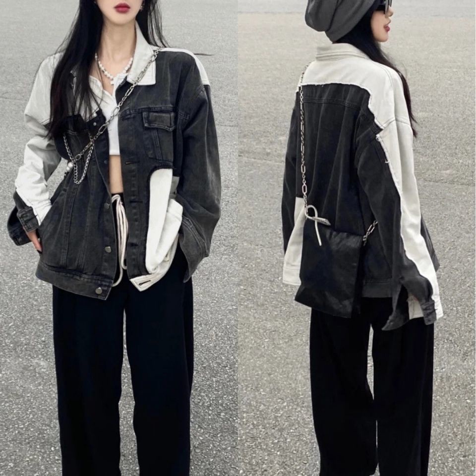 Áo Khoác Denim Tay Dài Dáng Rộng Màu Sắc Retro Phong Cách Hồng Kông Thời Trang Xuân Thu Cho Nữ