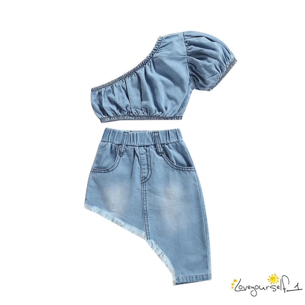Set trang phục áo denim trễ vai tay ngắn + chân váy vạt lệch màu sắc thời trang cho bé gái