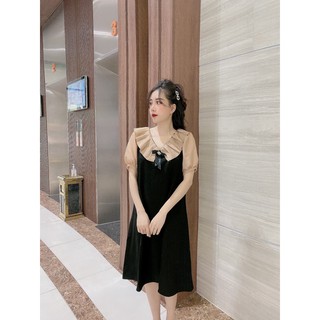 váy suông cổ bèo kèm nơ chất đũi xước