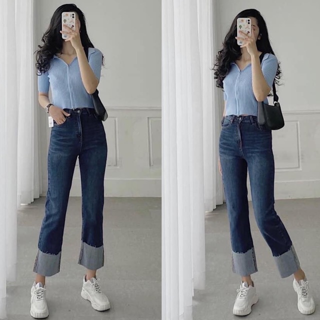 Quần Jeans Ống Suông Ống Đứng Lai Lật Chất Co Giãn Nhẹ Sofm