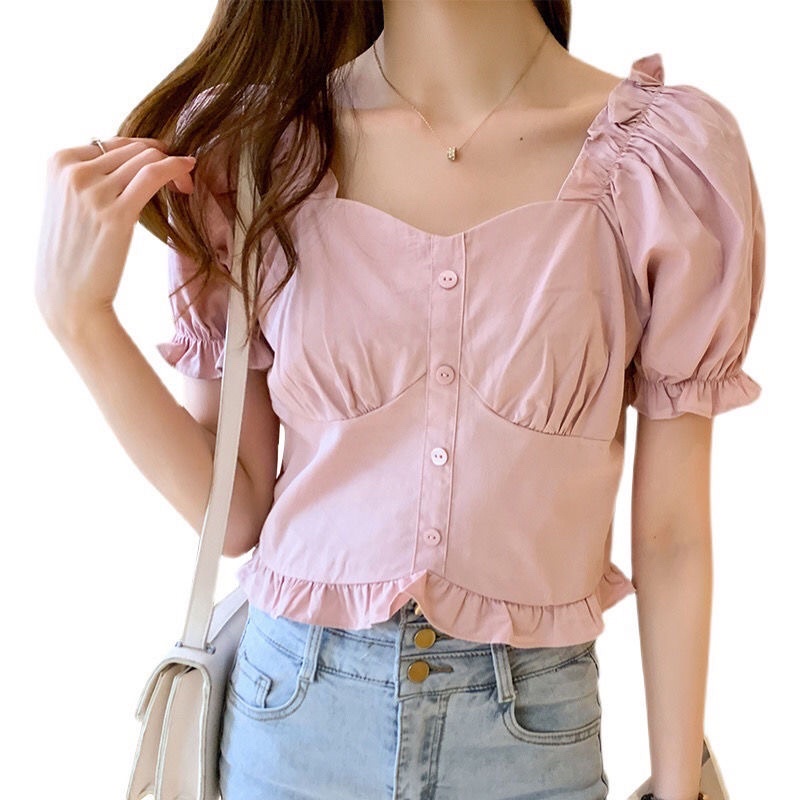 Áo Croptop nữ tay ngắn phối bèo nhún phong cách Hàn Quốc mã QD095