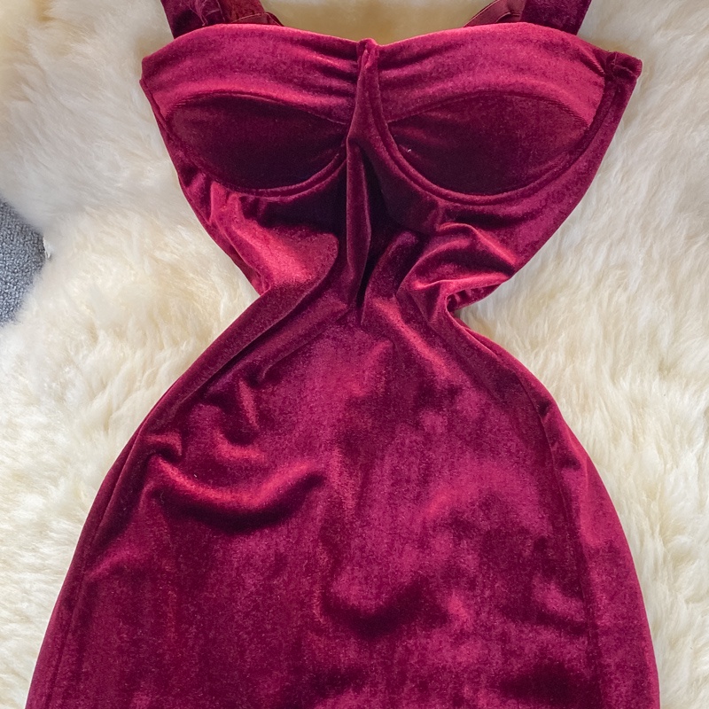 🌸Hàng Order🌸  Váy Đầm 2 Dây Nhung Cúp Ngực Dáng Dài Sẻ Tà Sexy Nữ Tính🌸Hàng Quảng Châu